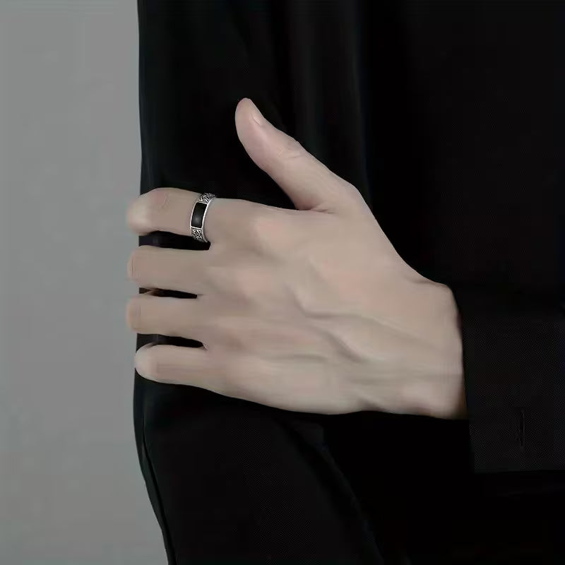 Retro Dragon Scale Ring, Black Rectangular, Open Index Finger Ring