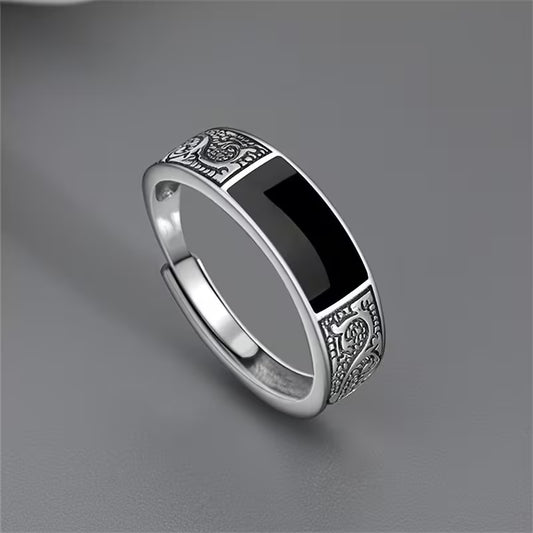 Retro Dragon Scale Ring, Black Rectangular, Open Index Finger Ring