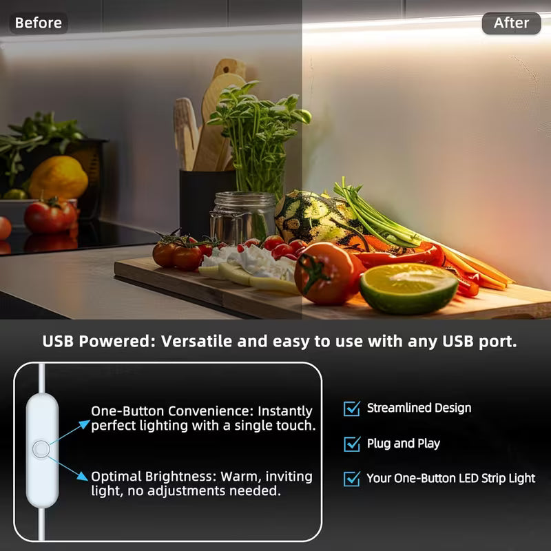 Indoor LED Lamp with Push-Button Switch, USB LED Light Strip for Living Room
