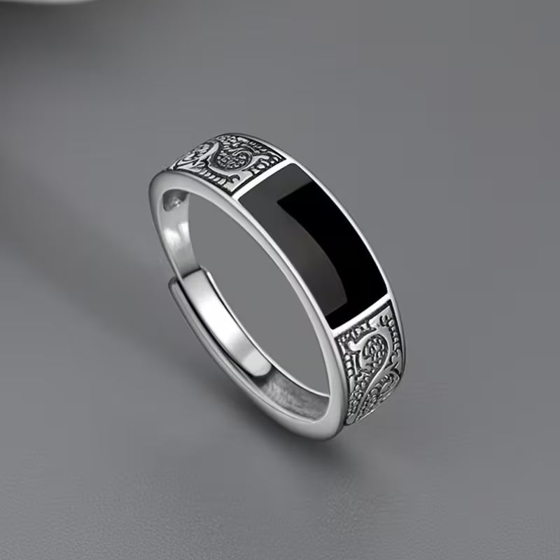 Retro Dragon Scale Ring, Black Rectangular, Open Index Finger Ring