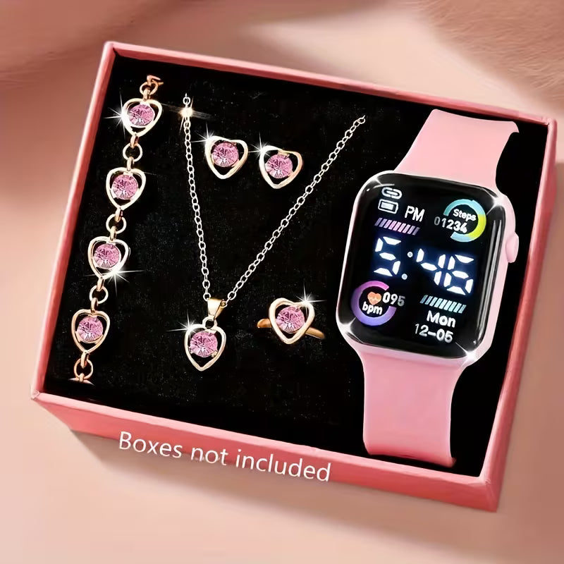 6-piece Set of Stylish and Trendy Exquisite Pink Electronic Watch