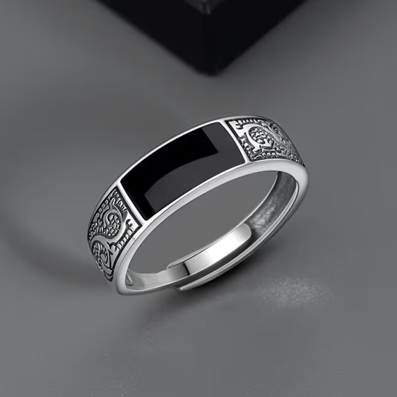 Retro Dragon Scale Ring, Black Rectangular, Open Index Finger Ring